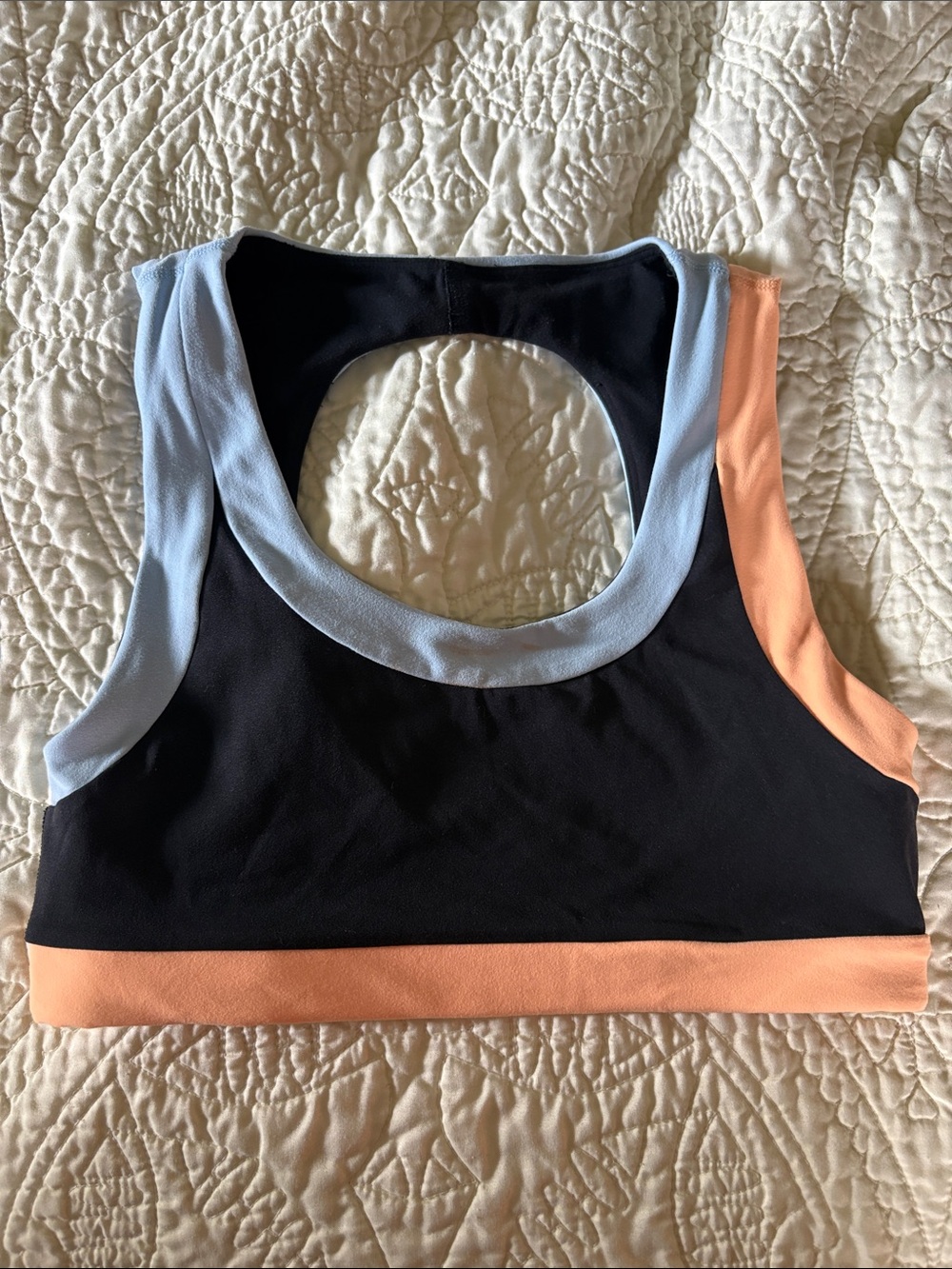 FP Movement by Free People Black Sports Bra with Light Blue and Peach Accents
